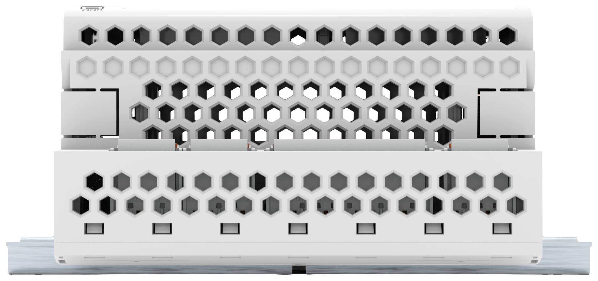 Un involucro con motivo esagonale bianco, presumibilmente un componente tecnico o elettronico, su una base azzurra chiara.
