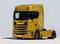 Camion Scania giallo, modello R 500, fotografato lateralmente di tre quarti, su sfondo azzurro chiaro.