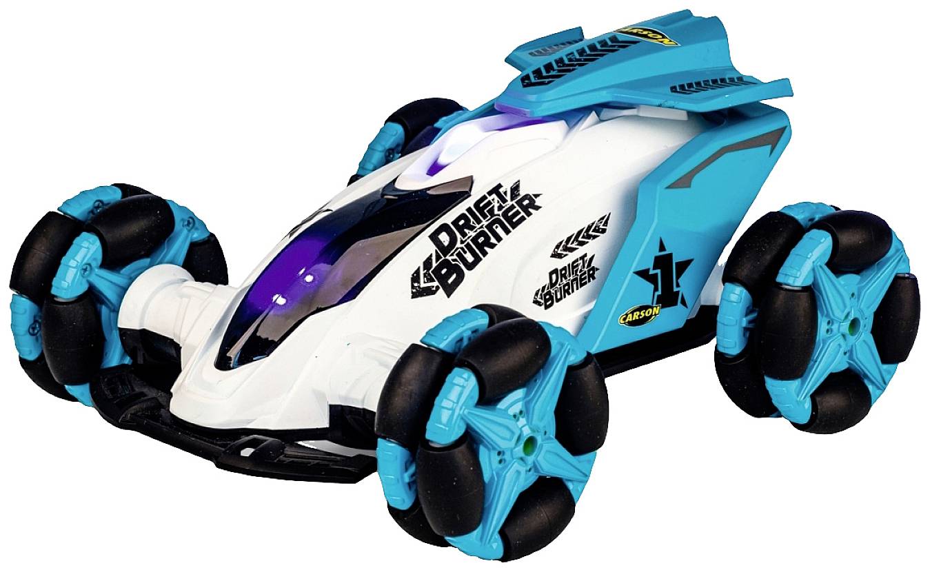 Macchina giocattolo con ruote blu e nere, design aerodinamico e la scritta 'Drift Burner' sul lato.