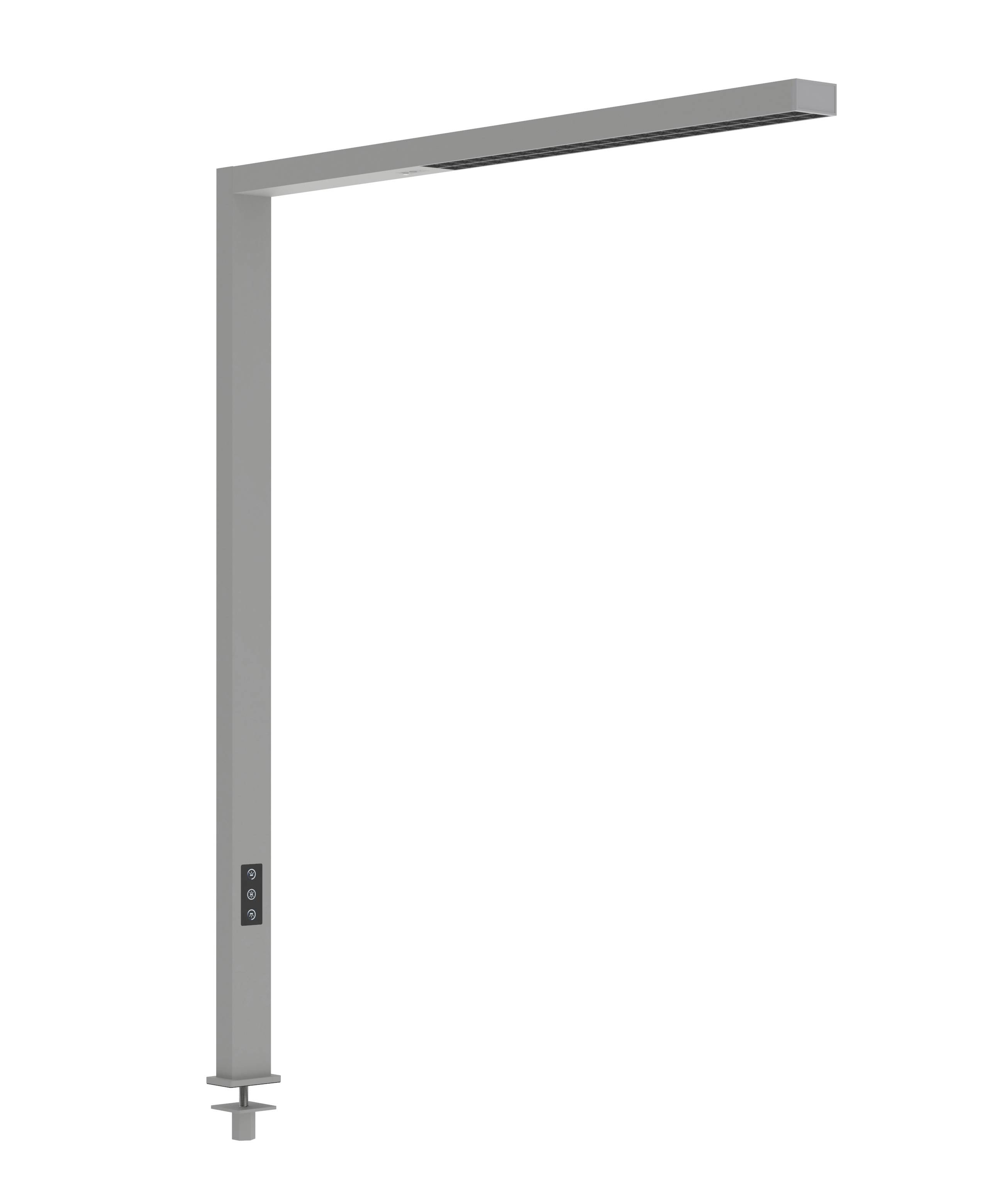 Una lampada da tavolo moderna e minimalista con design a forma di L in metallo grigio. Ideale per l'uso in ufficio grazie alla sua forma snella.