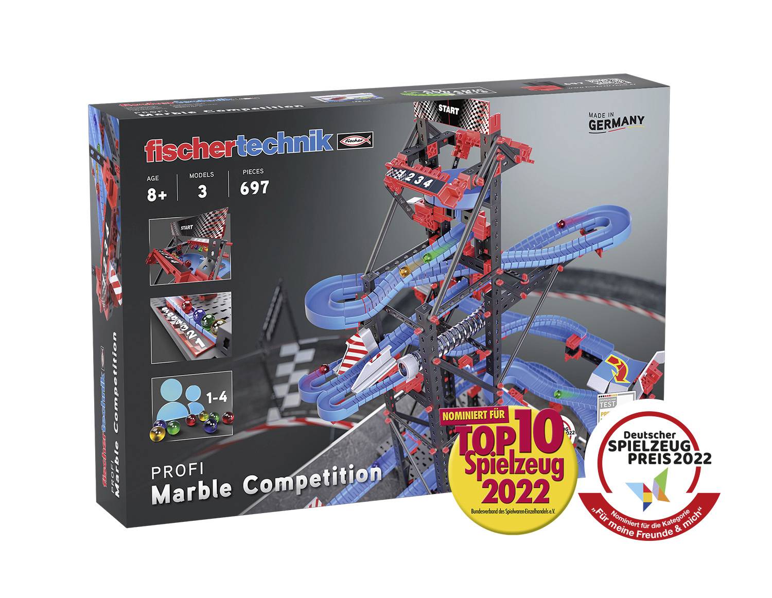 Kit per una pista di biglie, adatto a bambini dagli 8 anni in su. Contiene 697 pezzi. Nominato per i premi giocattolo 2022 in Germania.