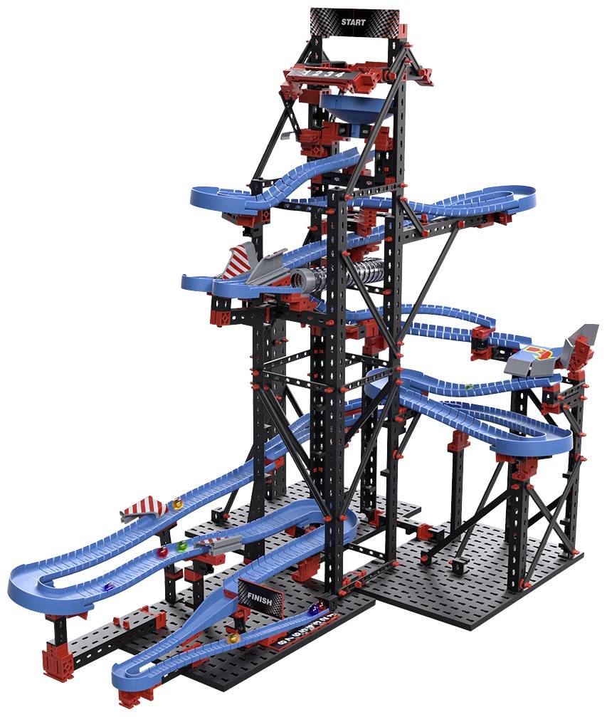 Grande pista a sfere costruita con blocchi, con binari blu serpeggianti e supporti rossi, che illustra principi di meccanica e ingegneria.
