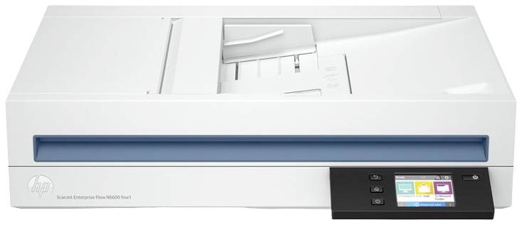 Uno scanner piano bianco con un accento blu e un display digitale che mostra tasti di controllo e opzioni di colore.
