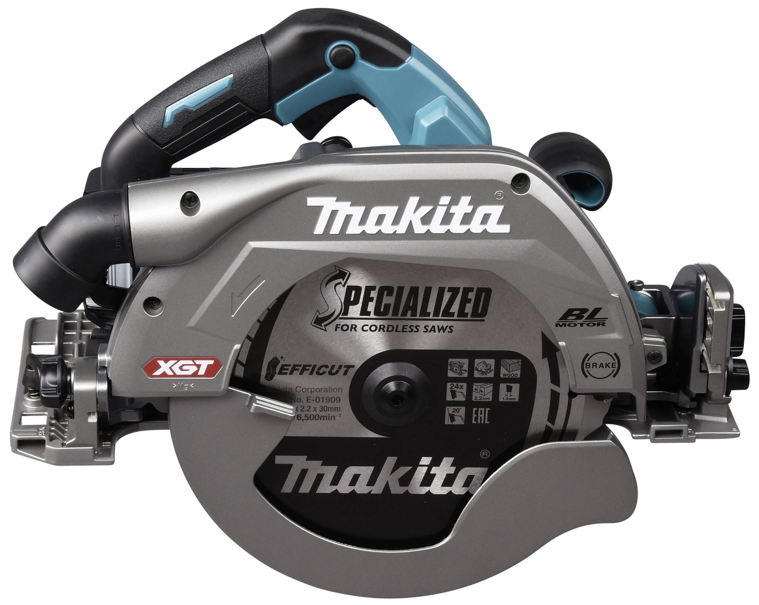 'Sega circolare manuale Makita, cordless, argento-grigio, modello XGT, con motore BL e lame temprate per un taglio efficiente in diversi materiali.'