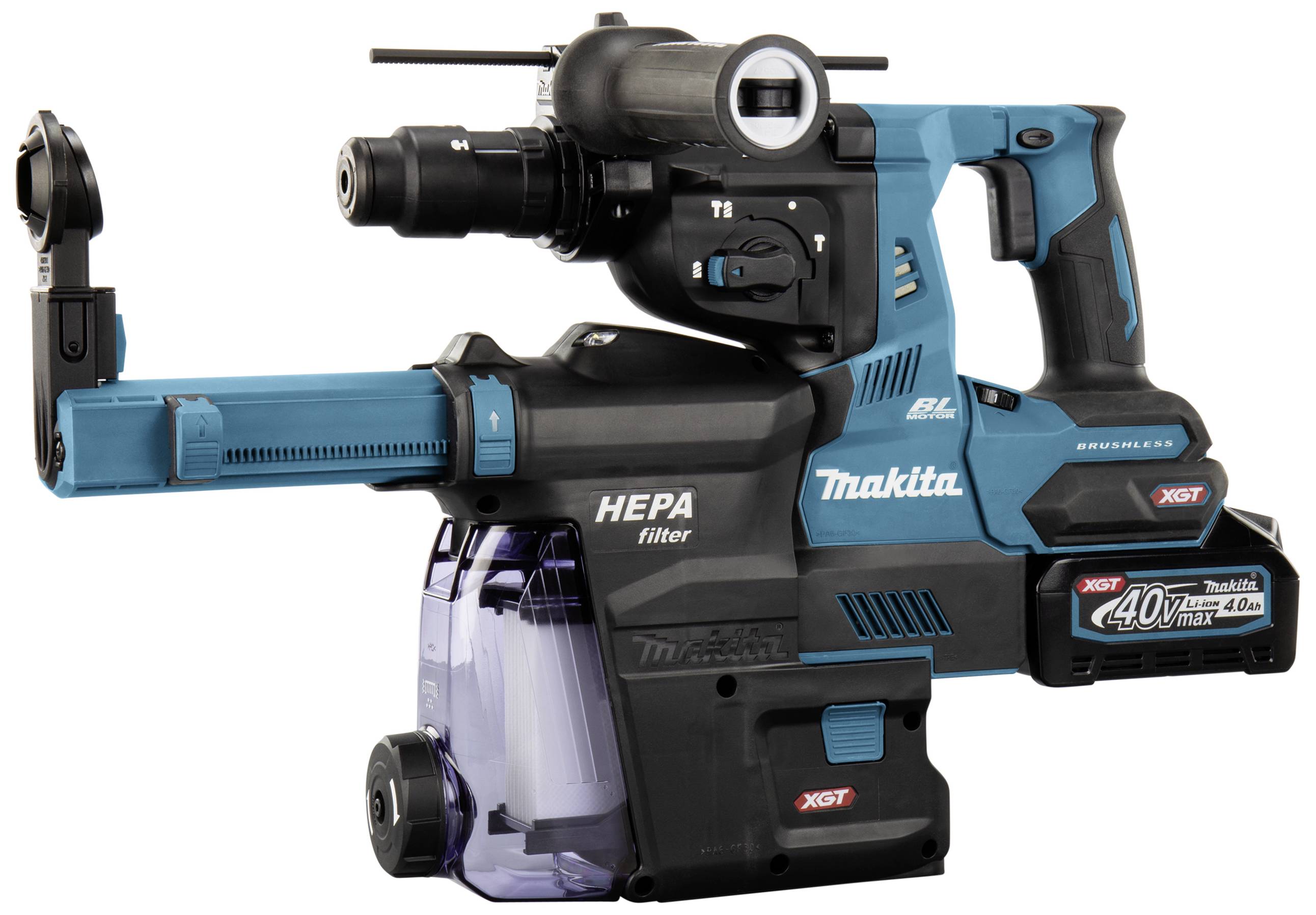 Trapano Makita blu e nero con filtro HEPA e azionamento a batteria, modello XGT.