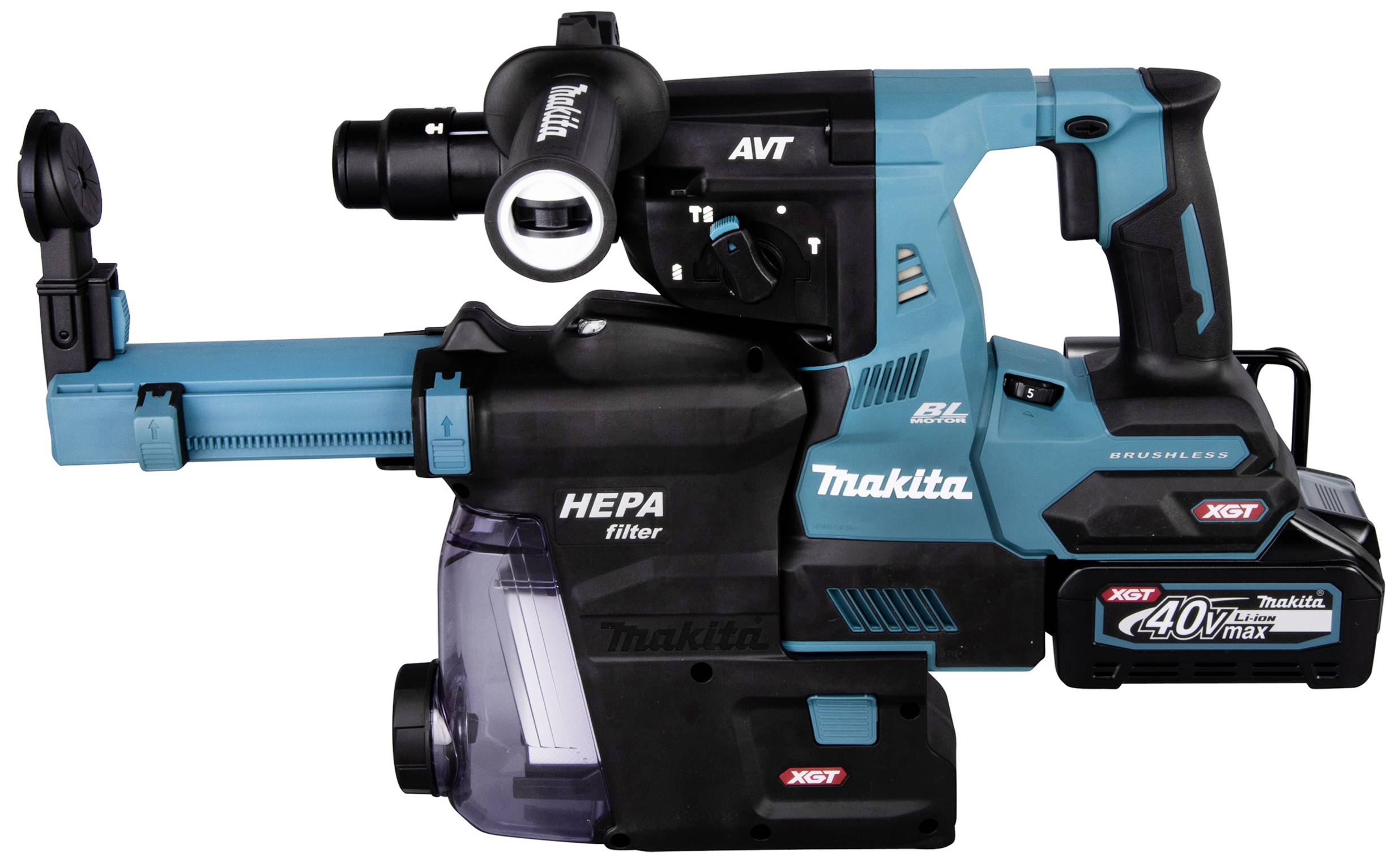 Martello combinato con aspirazione polvere e filtro HEPA, blu-nero, di Makita. Alimentazione a batteria con 40V XGT. Adatto per lavori edili.