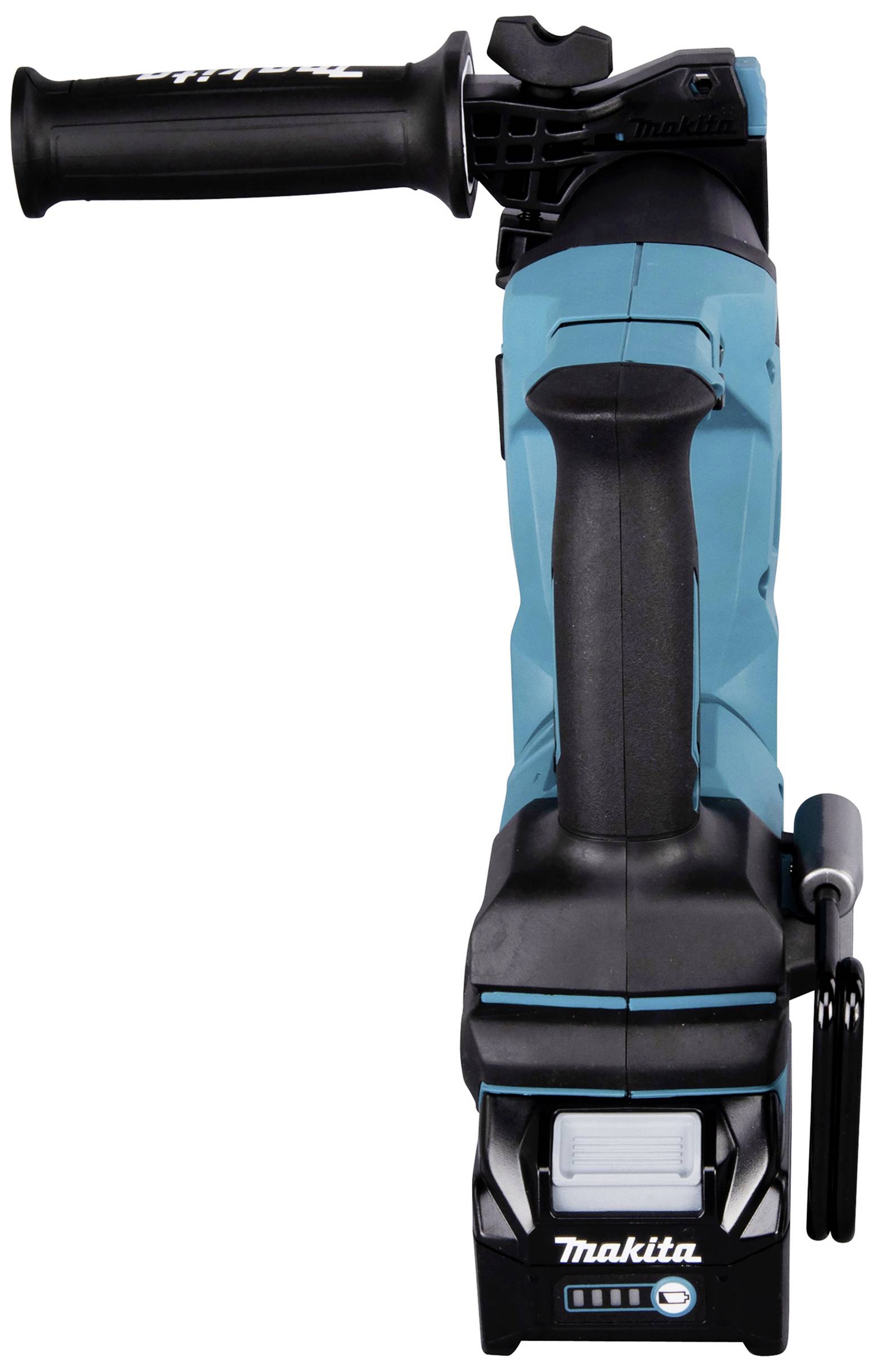 Un frullino angolare Makita blu e nero con impugnature e interruttore di accensione/spegnimento in alto, su sfondo bianco.