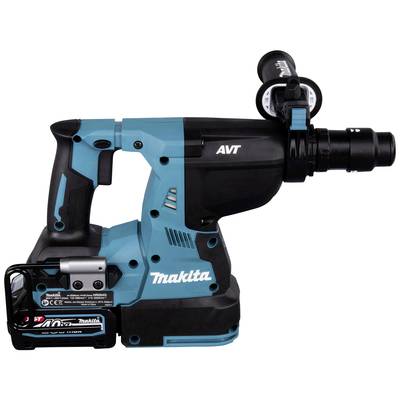 Utensile elettrico, martello perforatore Makita, blu e nero, posizionato di lato con batteria inserita. Dotato di sistema AVT e SDS-Plus.