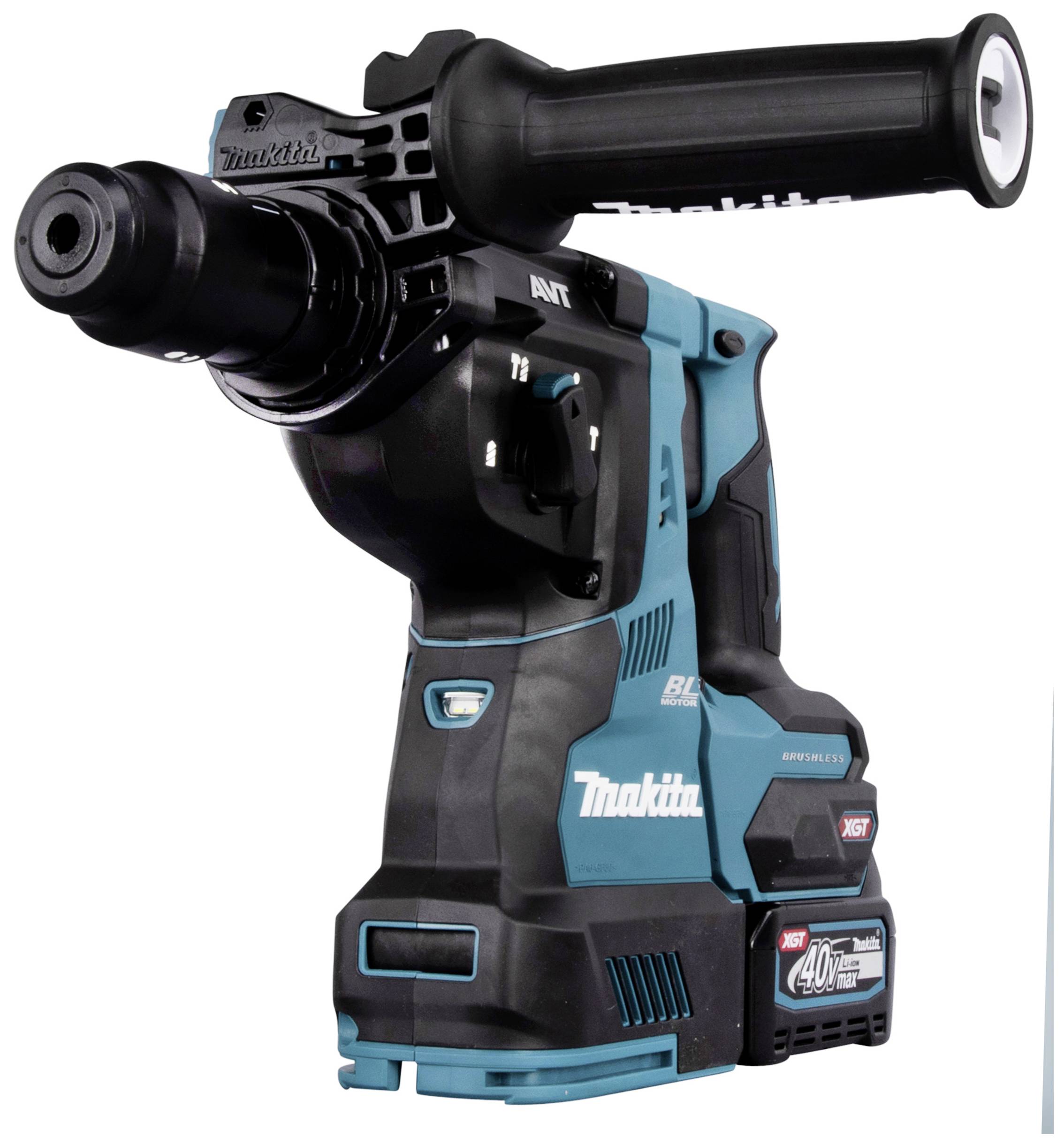 Un martello perforatore senza fili Makita di colore blu e nero, con impugnatura ergonomica e luce LED per una migliore visibilità.