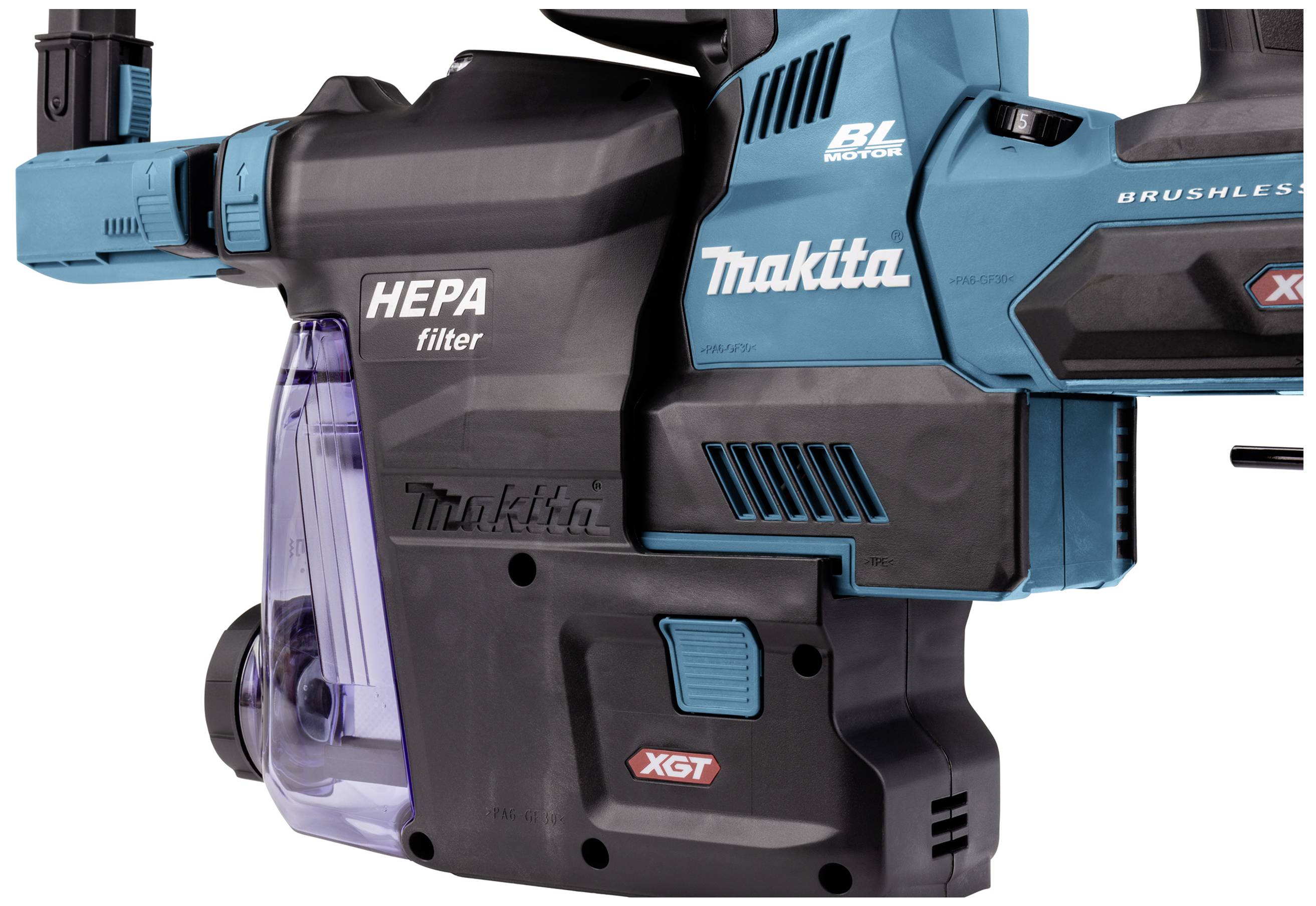 Trapano a percussione Makita con filtro HEPA; design blu ed ergonomico; promette foratura efficiente e lavoro privo di polvere.