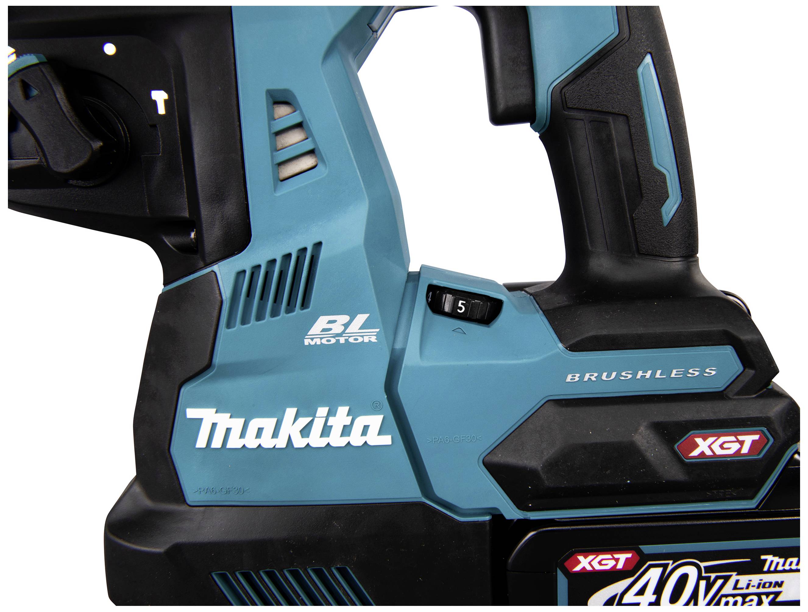 Dettaglio di una vista dell'impugnatura di un utensile elettrico Makita, che mostra 'BL Motor' e 'Brushless', con il logo e l'interruttore sul lato.