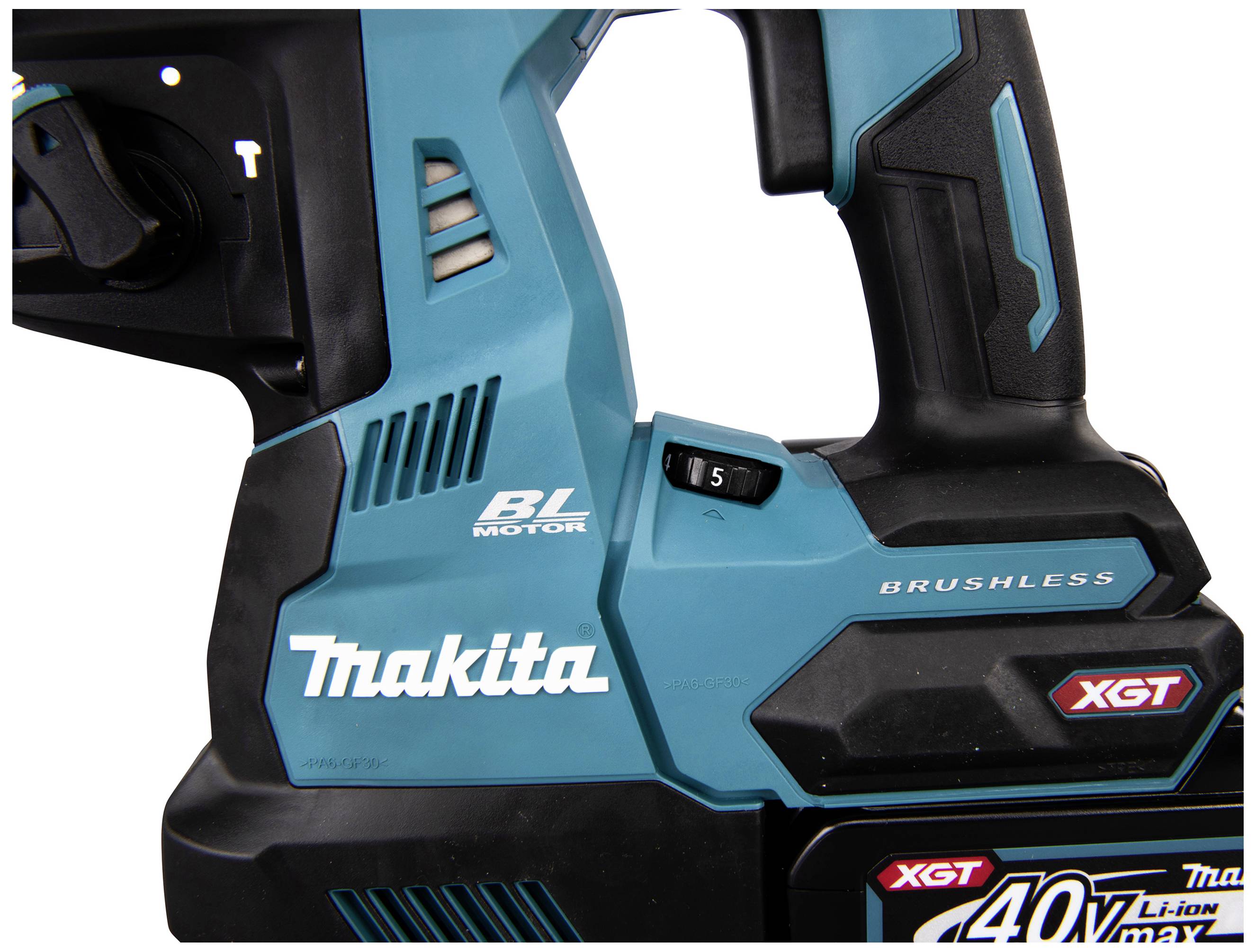Un dispositivo manuale Makita 40V XGT con motore brushless, color turchese e nero, con logo sul lato. Adatto per lavori ad alta prestazione.