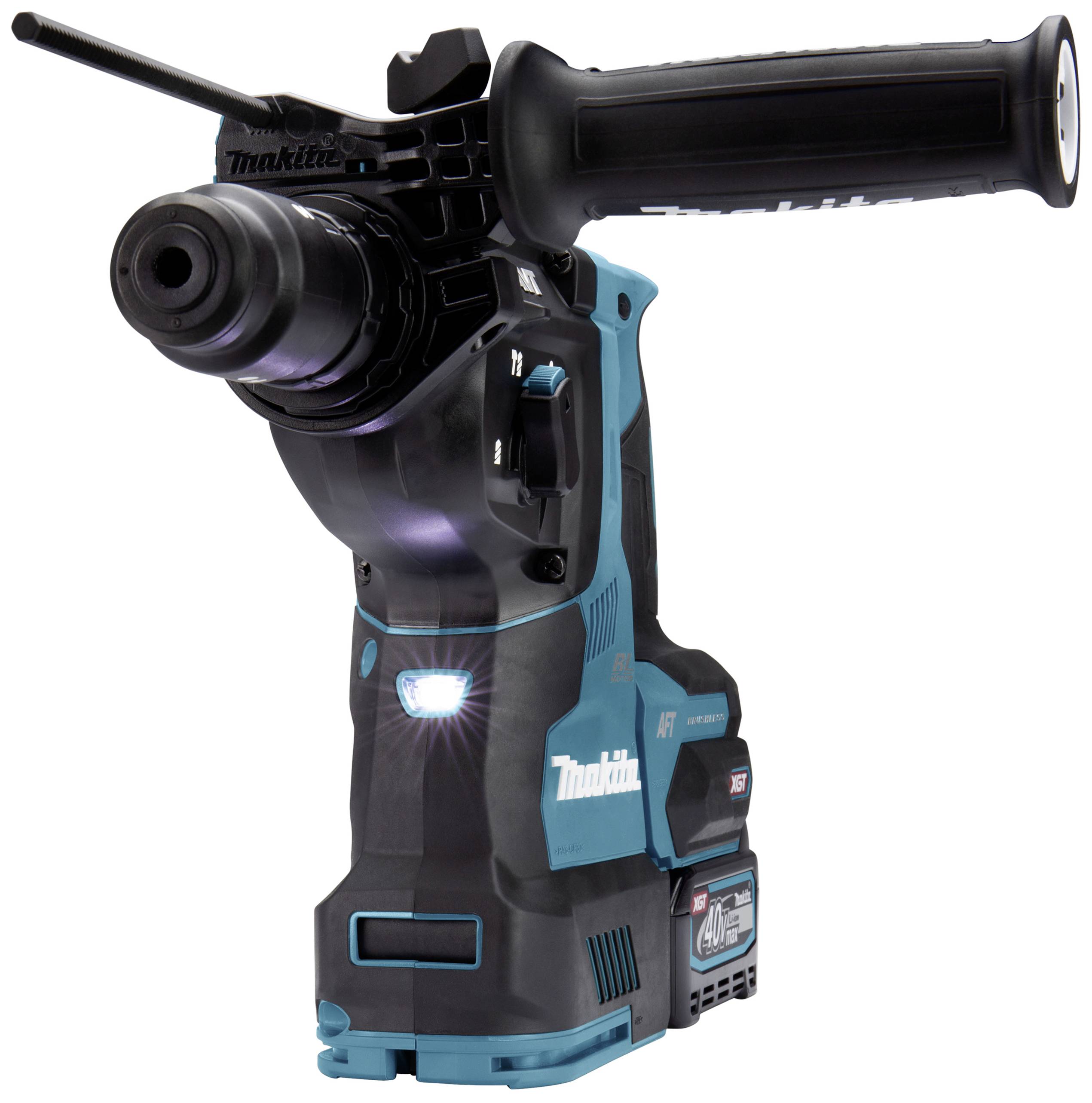 Martello perforatore a batteria in nero e blu con impugnatura laterale. Nome del marchio 'Makita' sul dispositivo. Strumento per attività edili o di fai-da-te.