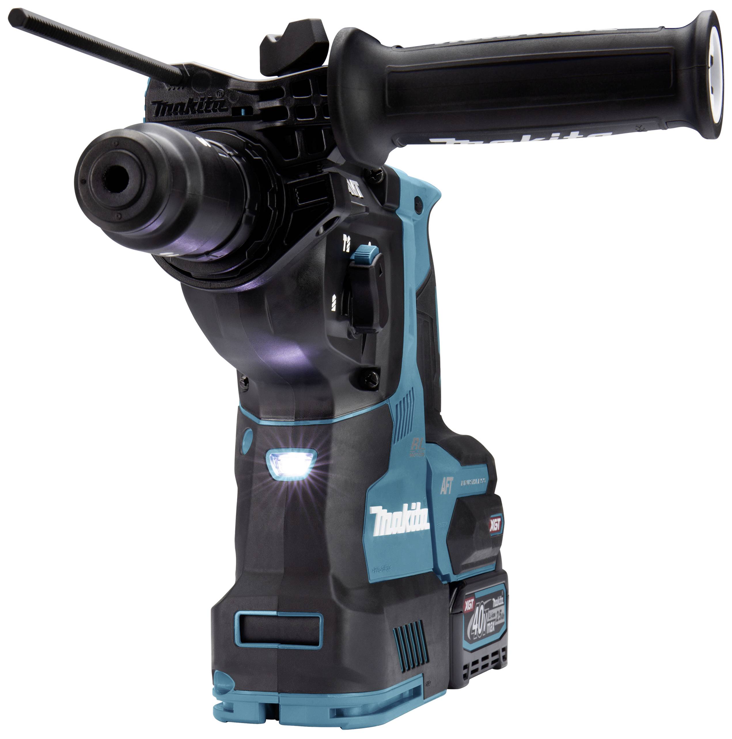 Un martello perforatore senza fili con involucro blu-nero e impugnatura ergonomica. Adatto per lavori edili e di ristrutturazione.