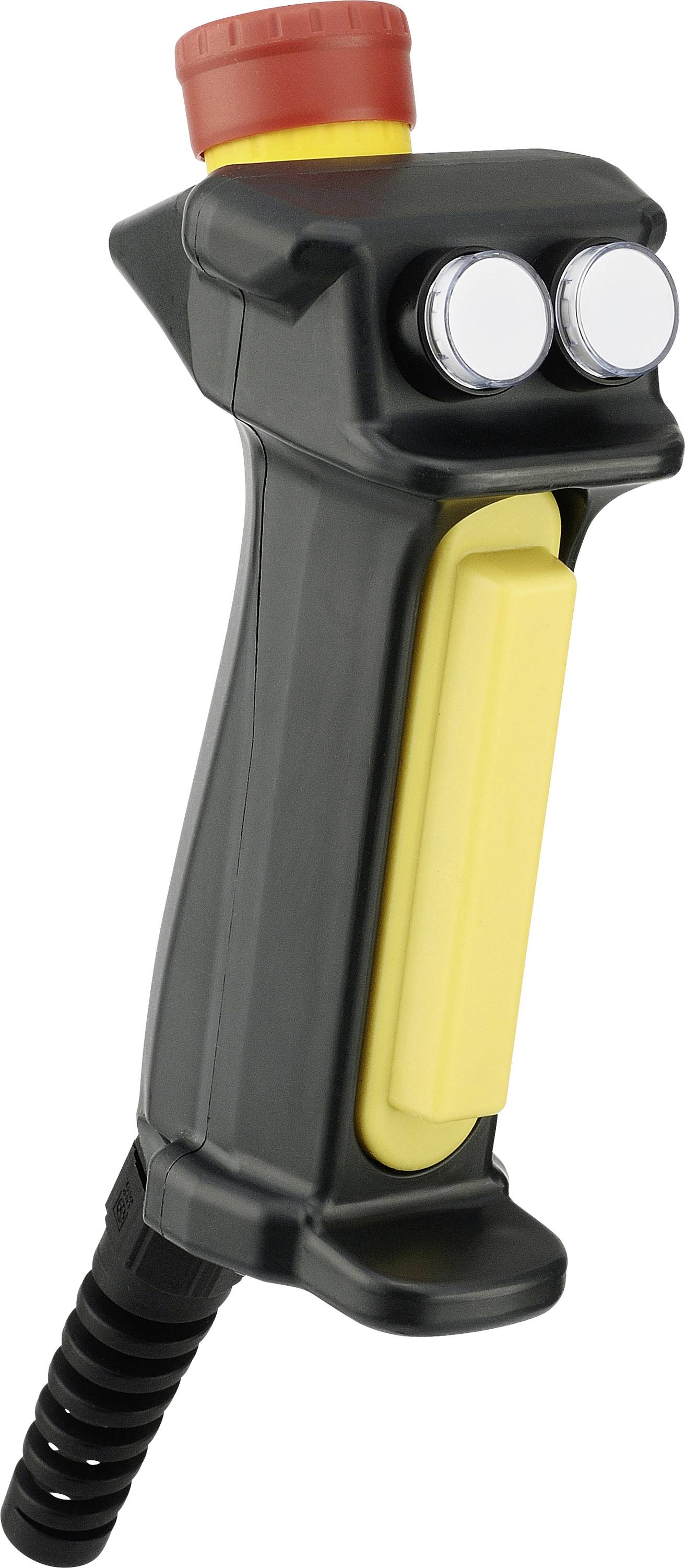 Impugnatura nera per il controllo con due pulsanti argentati e un grande pulsante giallo, interruttore rosso in alto. Utilizzata per il comando della macchina.