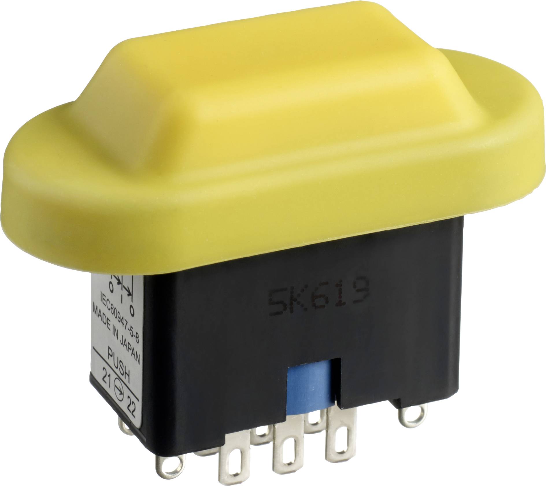 Un pulsante giallo con base nera e attacchi argentati, adatto per dispositivi elettronici.