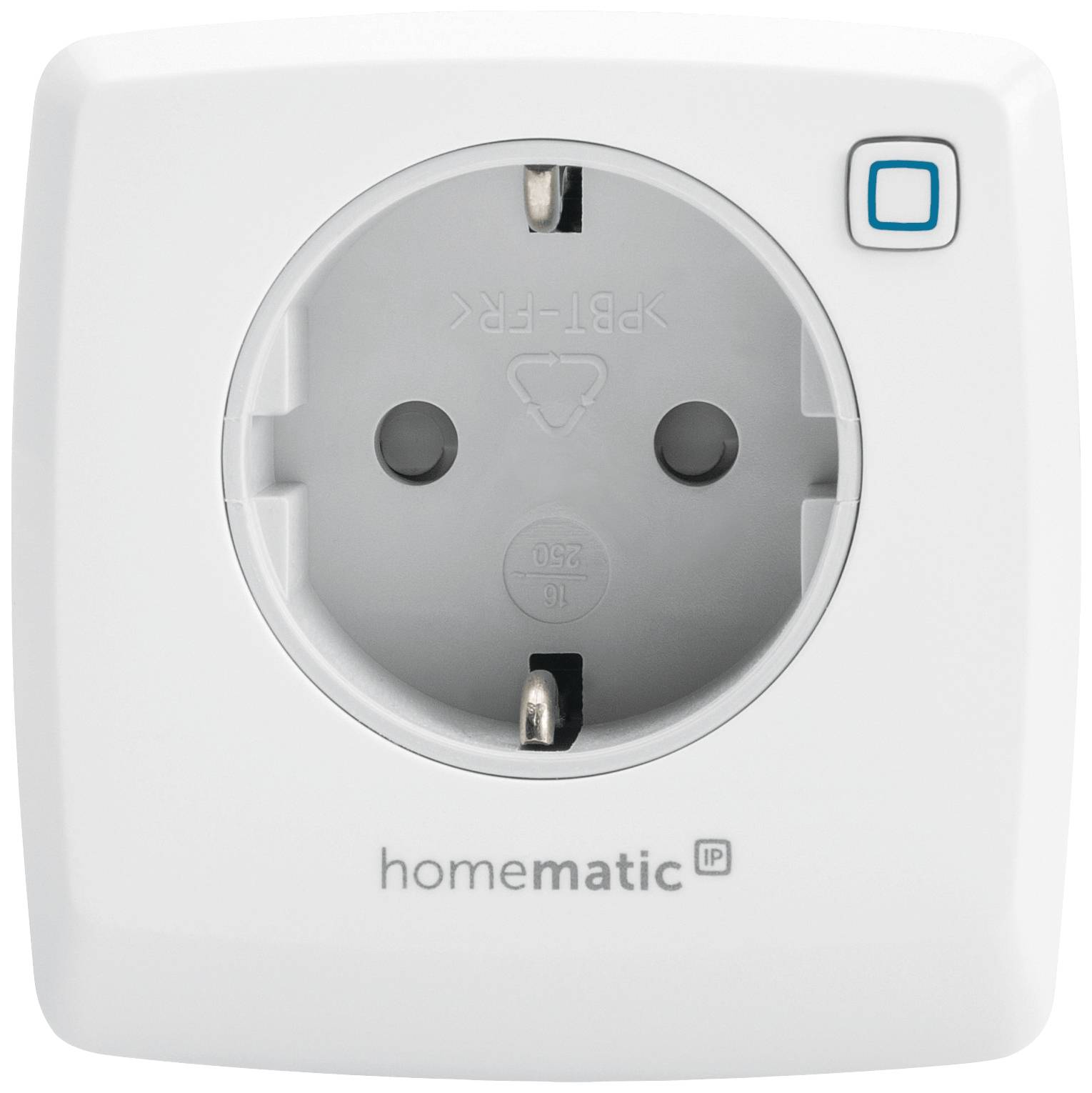 Una presa elettrica con la scritta 'homematic IP'. Ha una forma quadrata con un piccolo pulsante blu in alto a destra.