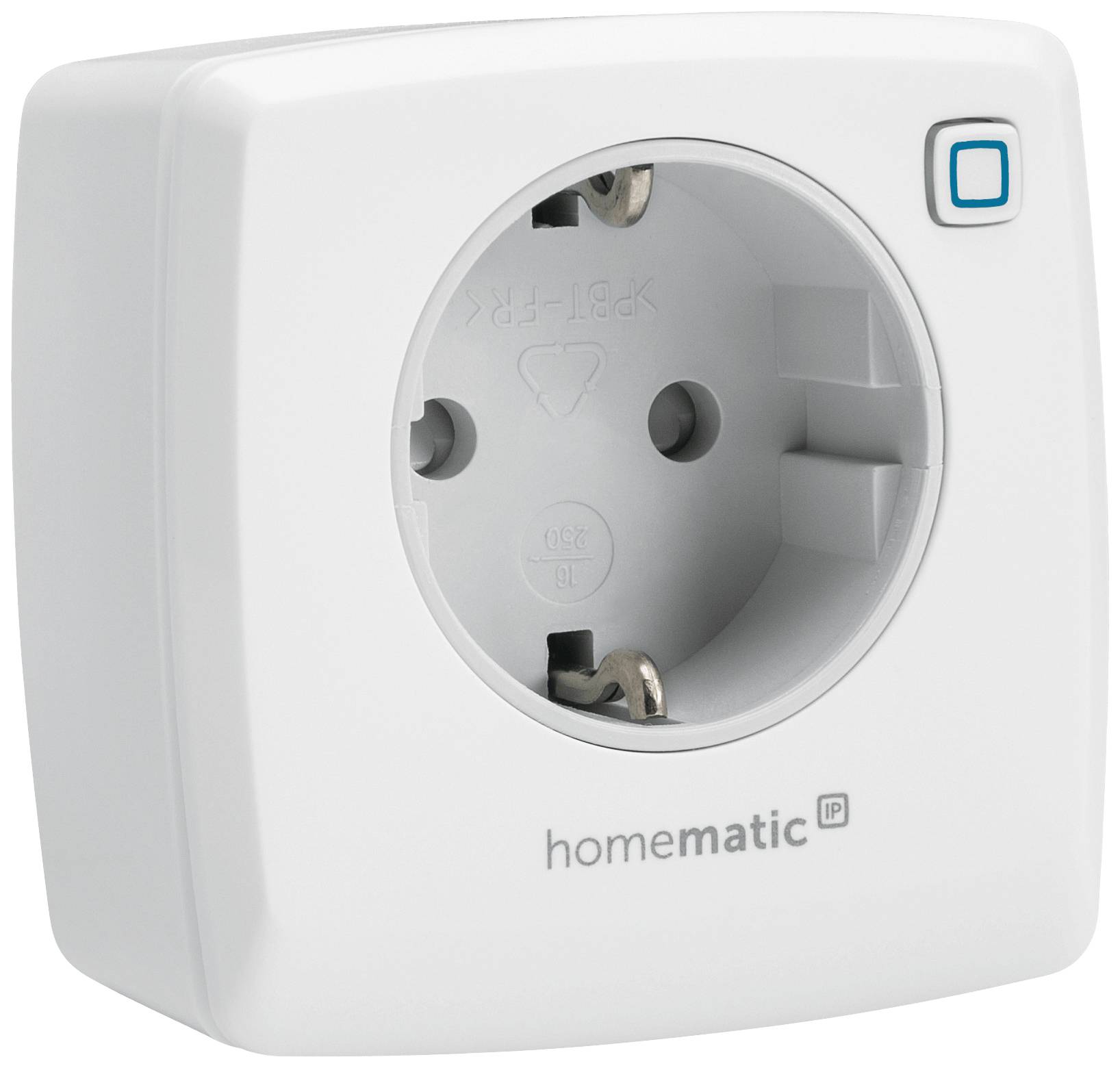 Presa intelligente bianca del marchio 'homematic IP', design quadrato, vista da sopra in diagonale.