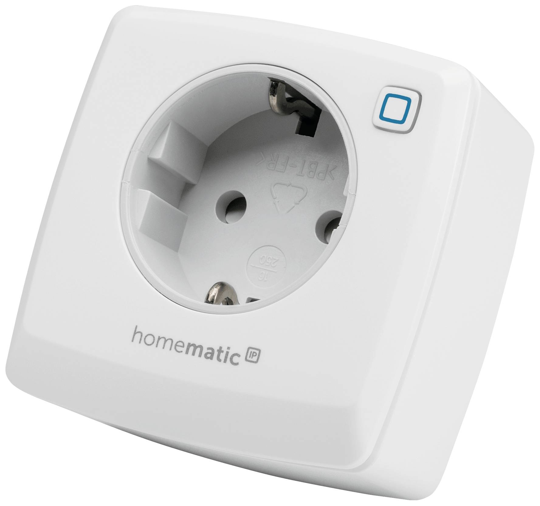 Presa intermedia Homematic IP bianca con funzione di commutazione e connettività Wi-Fi. La funzione principale è il controllo remoto delle prese elettriche.