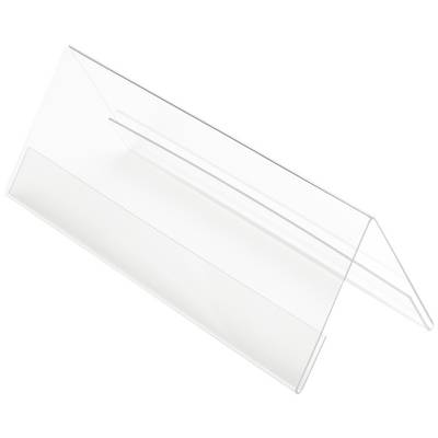 Un espositore in plexiglass trasparente a forma di A, comunemente utilizzato per presentare informazioni o menu sui tavoli.