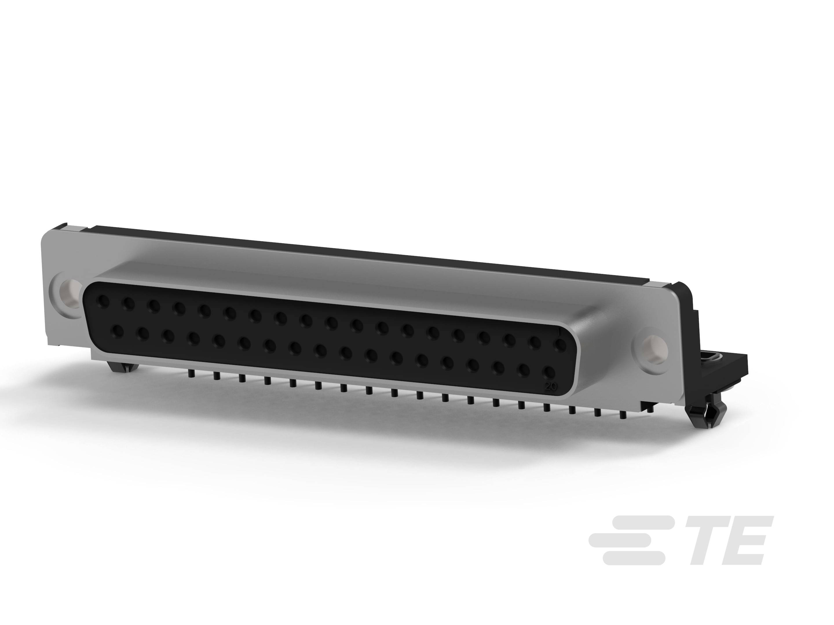 Un connettore D-Sub nero con più pin, montato su una piastra metallica. Sul lato destro il logo 'TE'.