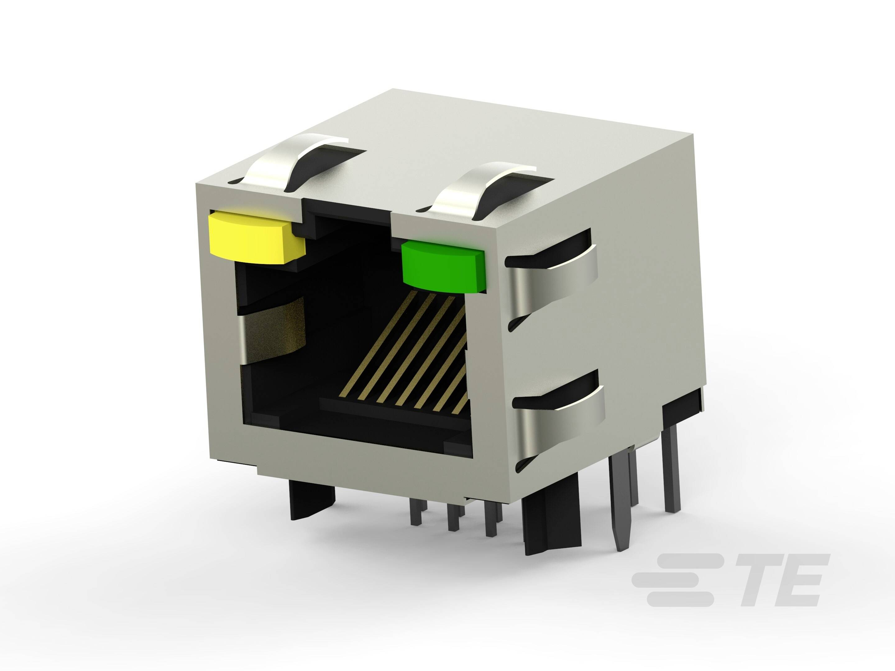 Un connettore RJ45 con involucro metallico, pin visibili e due LED colorati, giallo e verde, sul lato frontale.