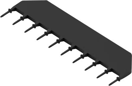 Un chip circuito integrato nero, rettangolare, con più piedini che si estendono da un lato, posizionato in modo angolare e diagonale su uno sfondo bianco.