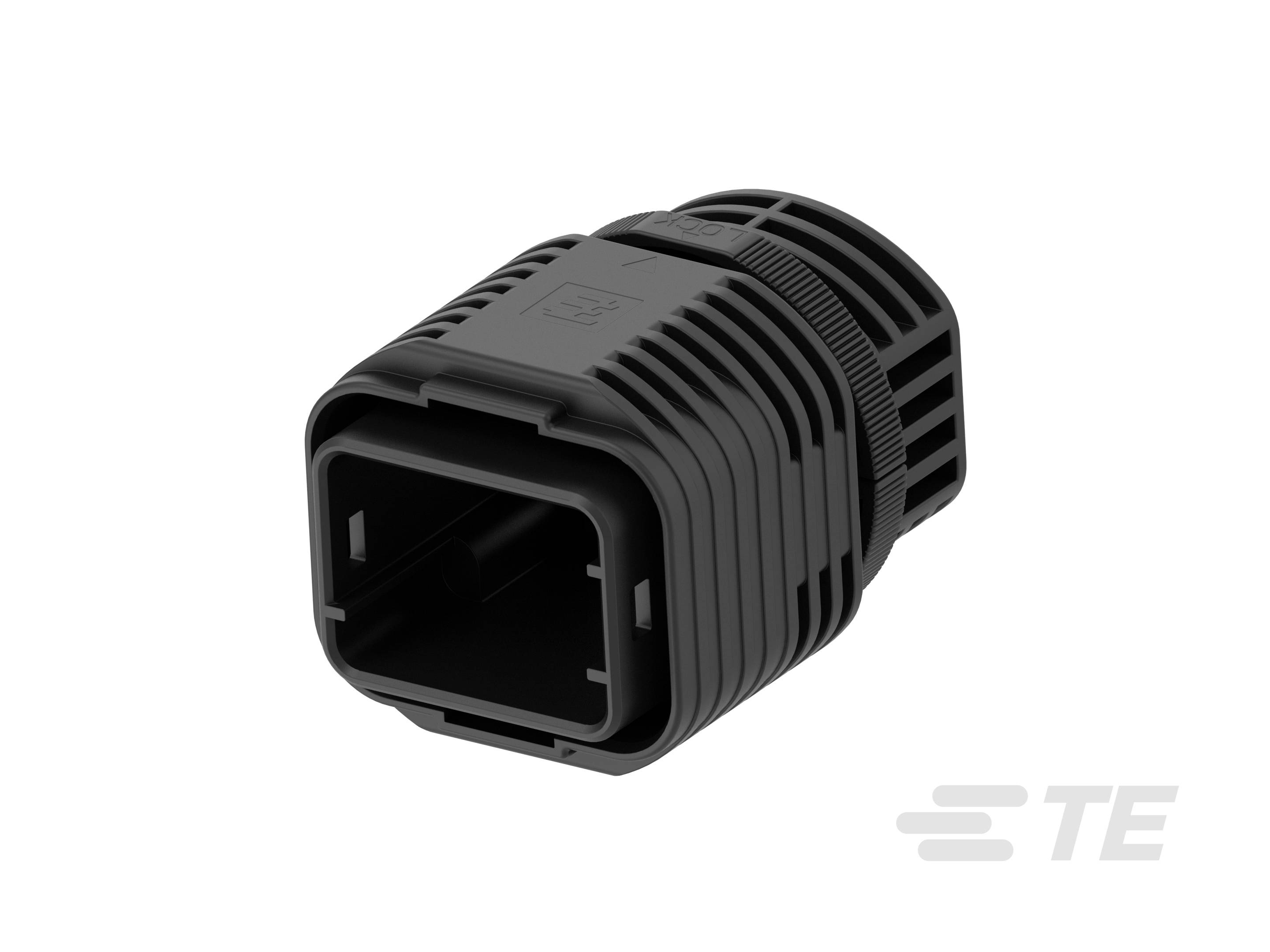 Spina nera a sei poli con apertura rettangolare e struttura scanalata, logo 'TE' nell'angolo. Utilizzata per connessioni elettriche.