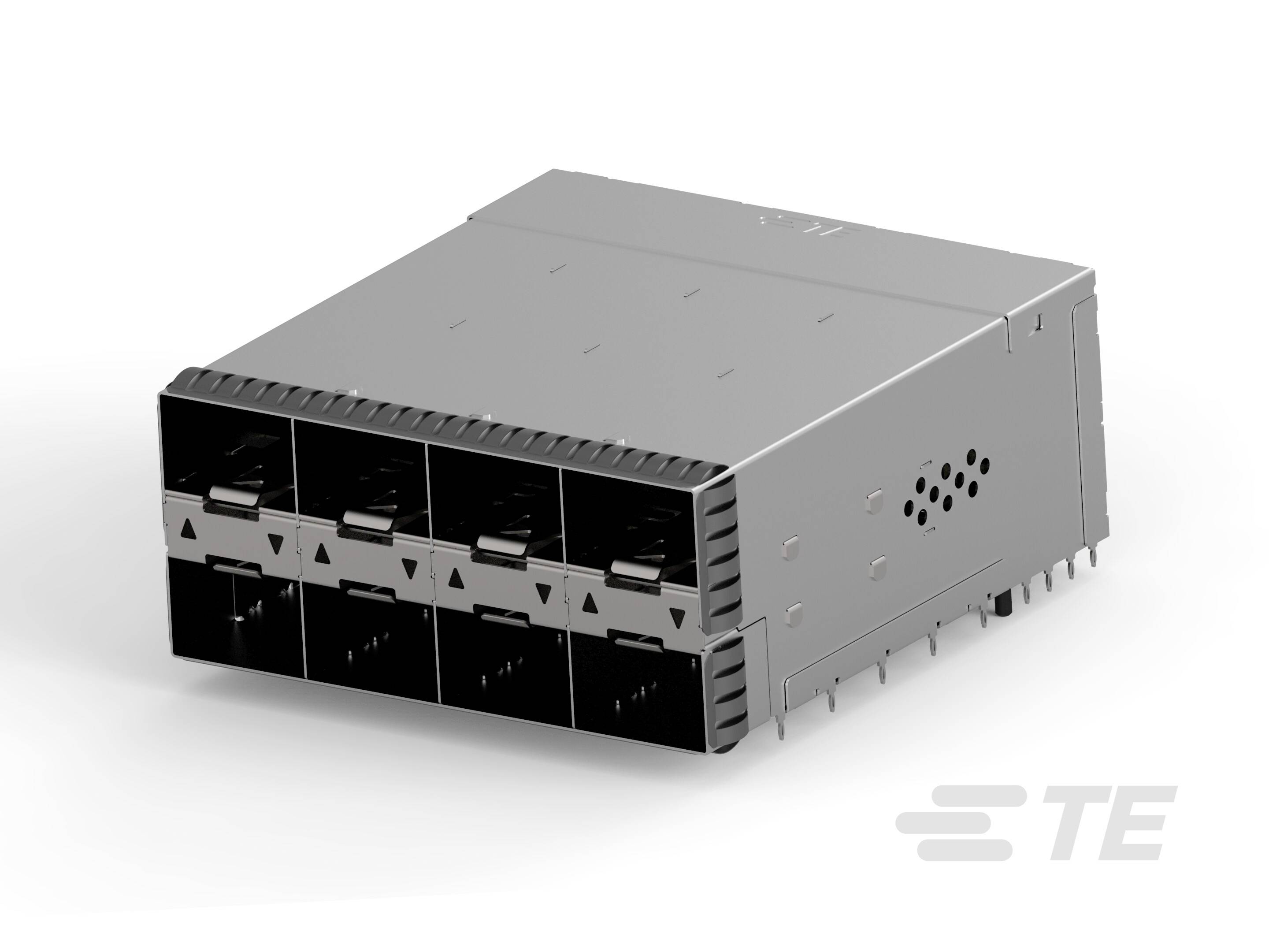 Un connettore di rete rettangolare grigio con più porte, utilizzato per connessioni dati ad alta velocità.