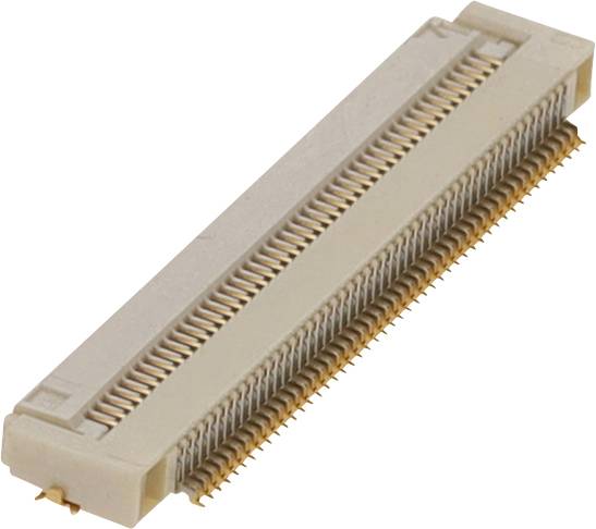 Un primo piano di un connettore FFC/FPC bianco e oro, che mostra i suoi intricati pin di contatto e la forma rettangolare.