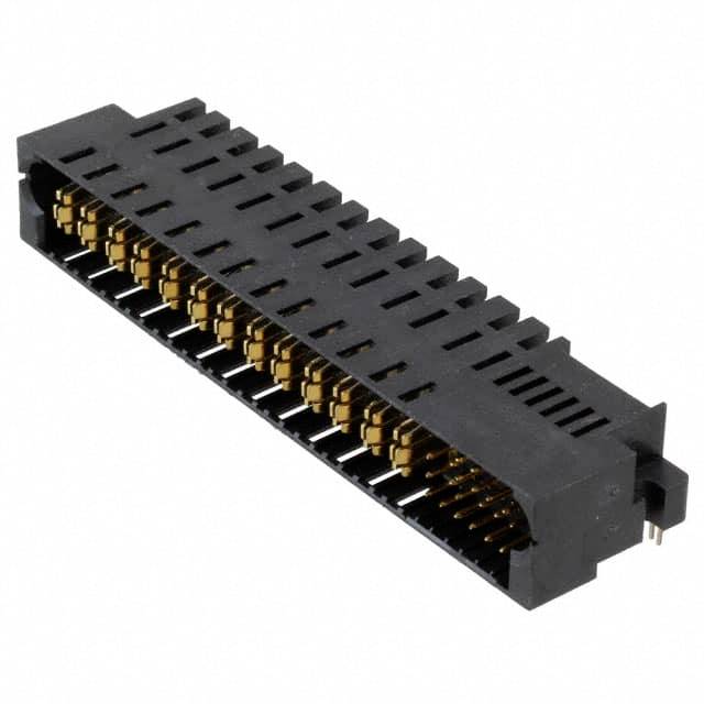 Connettore nero con numerosi contatti color oro, forma rettangolare, utilizzato per il collegamento elettrico tra dispositivi.