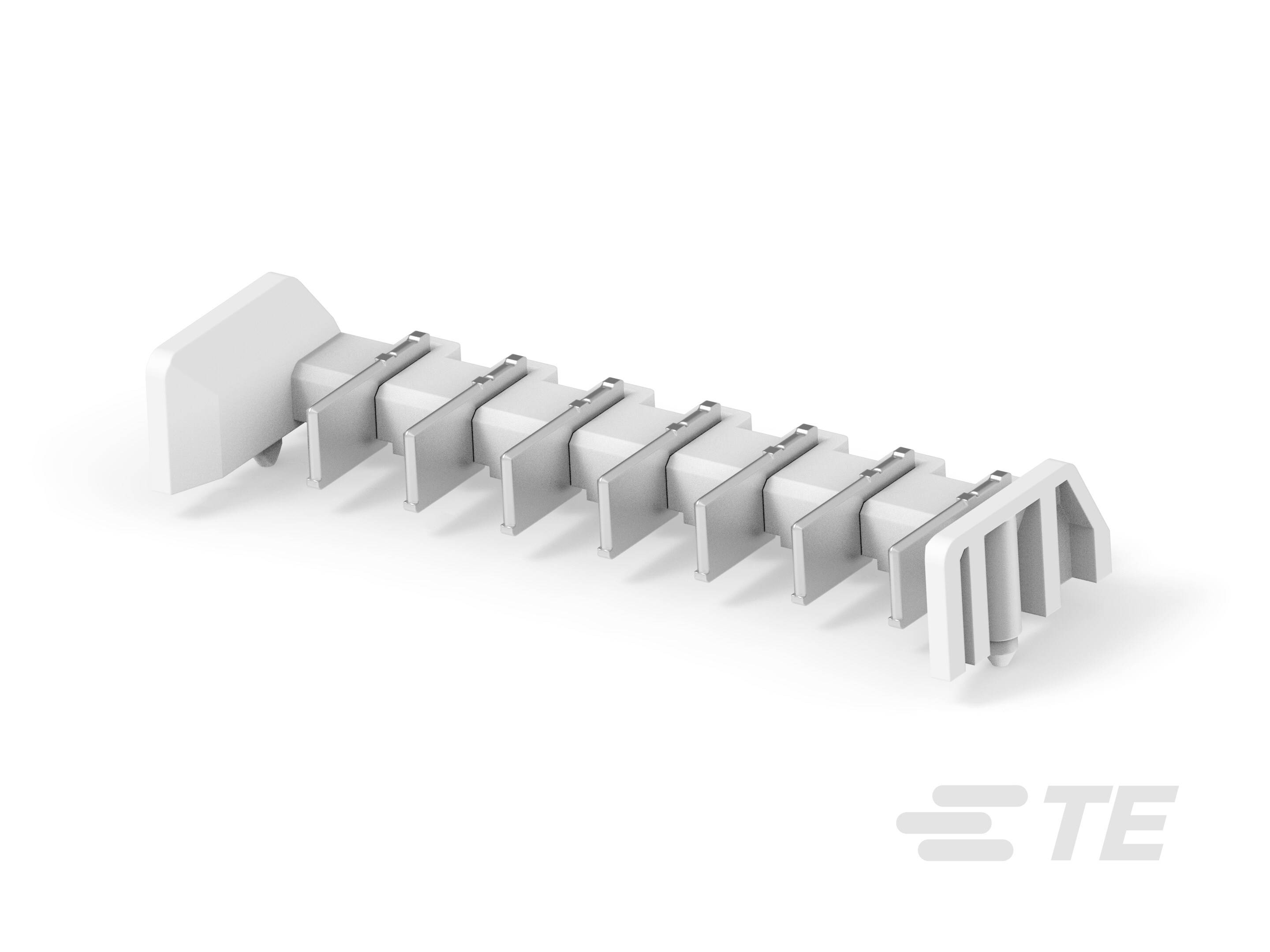 Connettore bianco multipolare con otto pin, disposti in un'unica linea. Adatto per connessioni elettroniche.