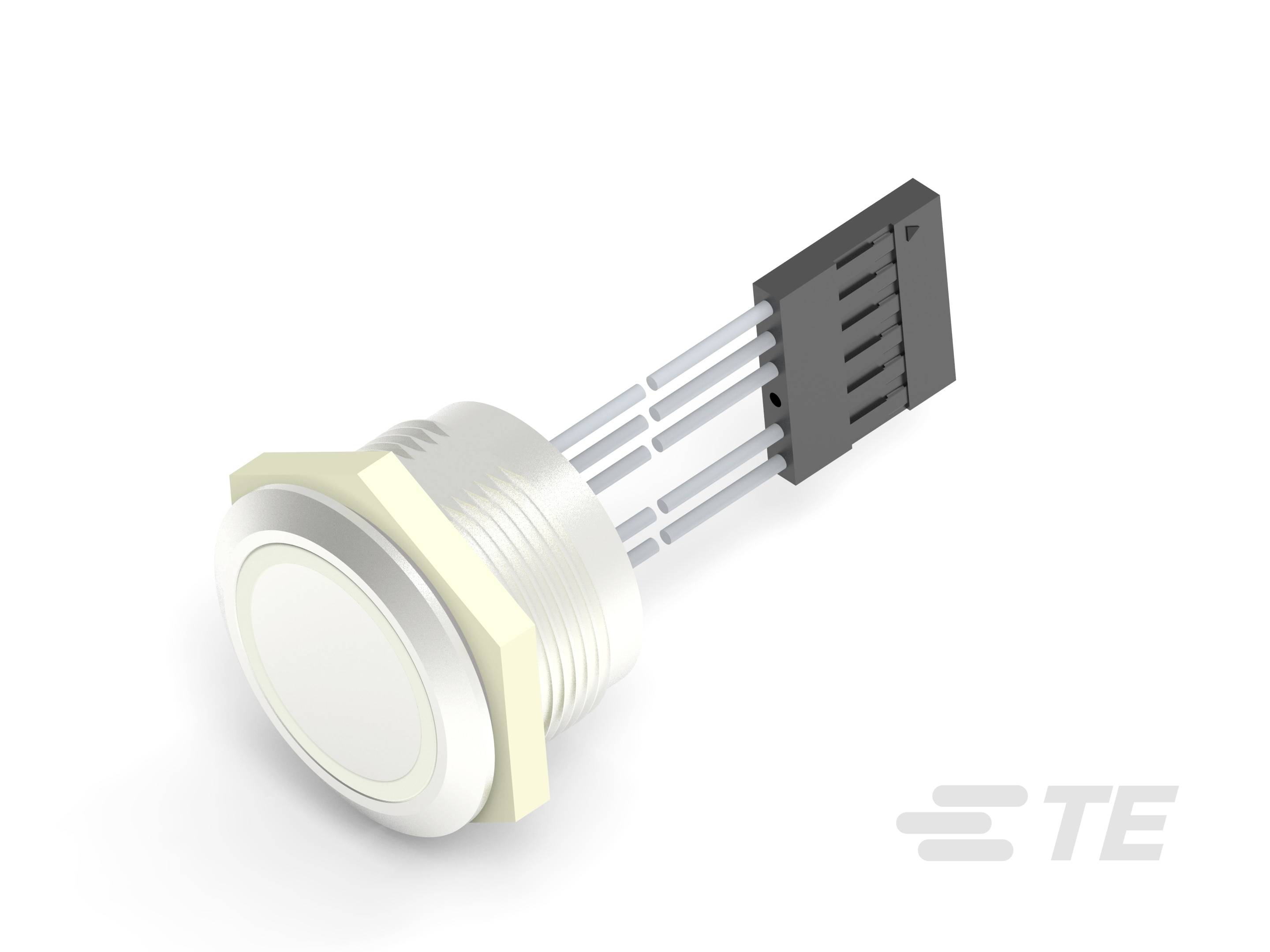 Pulsante con piedini di connessione e alloggiamento esagonale. Adatto per circuiti elettrici. Logo TE in basso a destra.