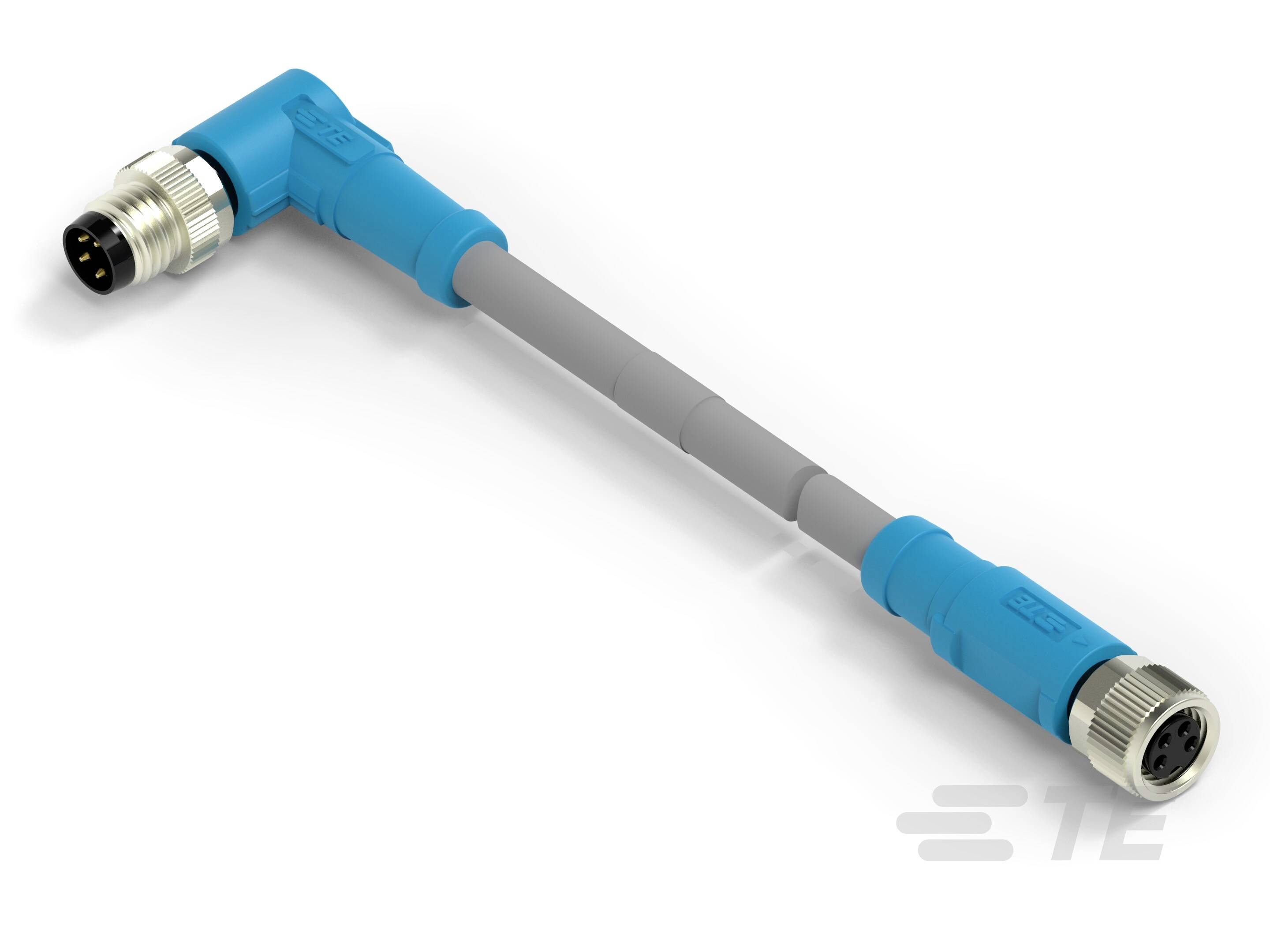 Un cavo di collegamento blu angolato con una parte centrale flessibile grigia e connettori metallici alle estremità.
