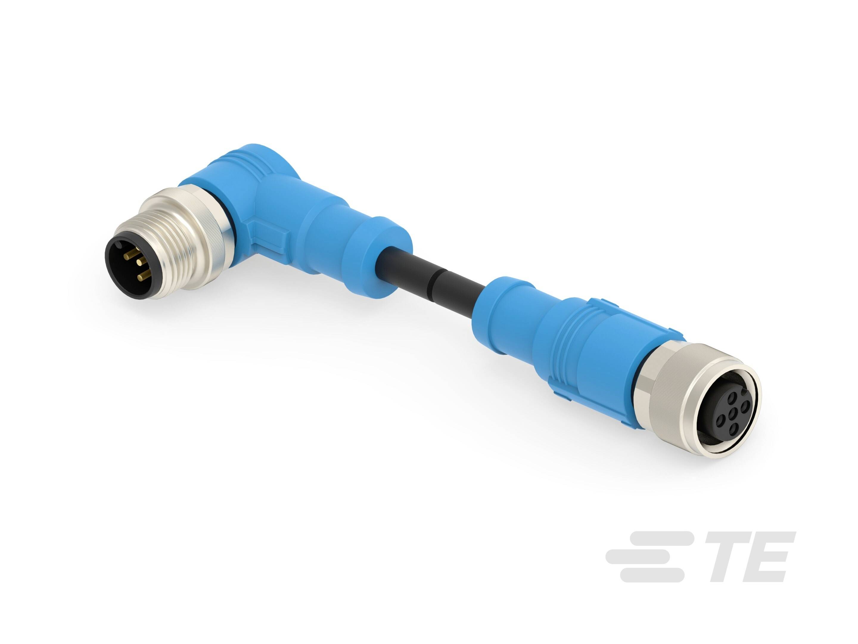 Un adattatore per cavo di connessione M12 blu angolato con connettori metallici su entrambe le estremità. Logo 'TE' in basso a destra.