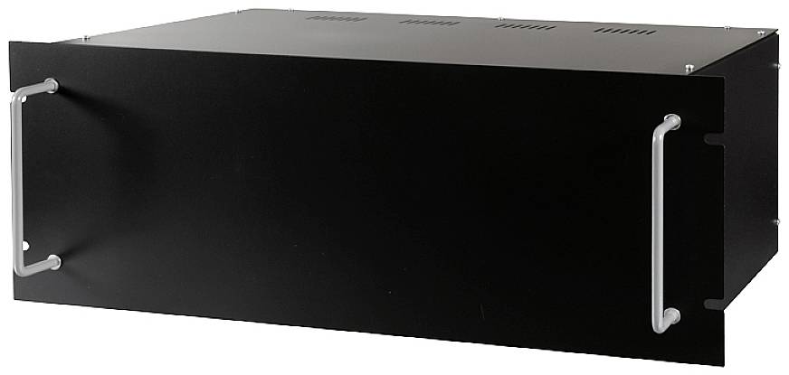 Un involucro nero per server rack-mount con due maniglie d'argento sul davanti, idoneo per l'installazione in un armadio rack per server.