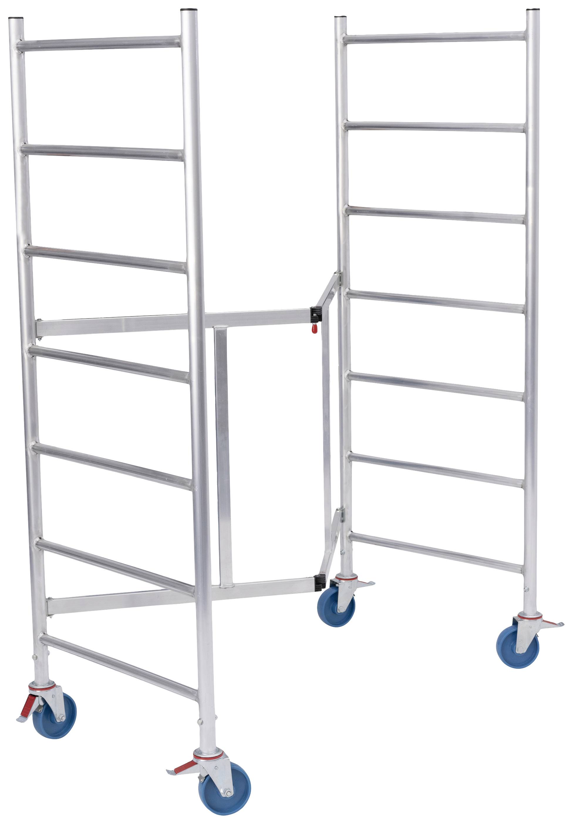 'Ponteggio mobile in alluminio con quattro ruote, adatto per lavori in altezza.'