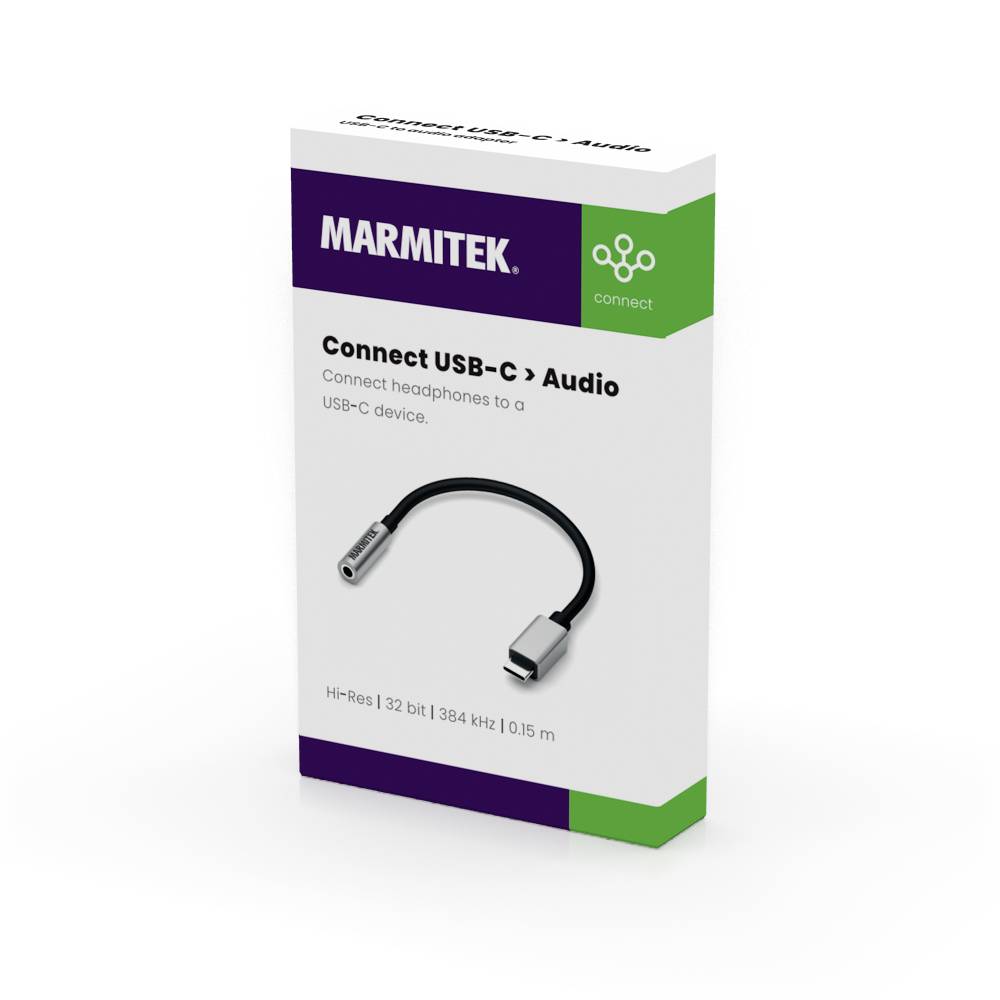Un imballaggio mostra un adattatore 'MARMITEK Connect da USB-C ad Audio' per collegare le cuffie a dispositivi USB-C.