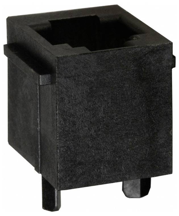 Un componente elettronico nero e rettangolare con un centro vuoto, probabilmente un connettore o una presa, posizionato su uno sfondo bianco.