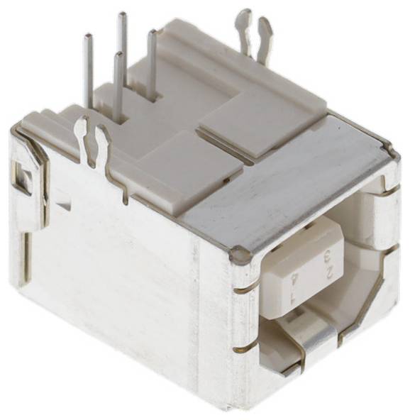 Connettore elettronico rettangolare argento e bianco con pin metallici e slot sulla parte superiore, utilizzato per interconnettere componenti elettronici.