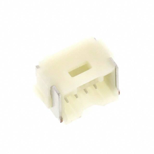 Un connettore bipolare bianco per connessioni elettroniche su sfondo bianco. Adatto per il montaggio su scheda elettronica.