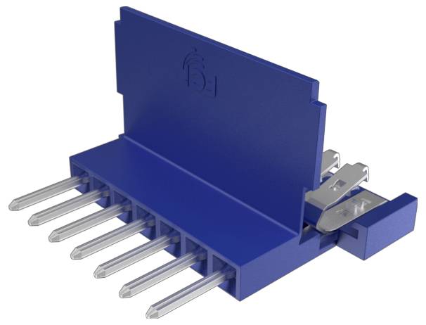 'Connettore elettronico blu con sei piedini metallici e una clip, utilizzato per le connessioni su PCB.'