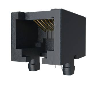 Connettore RJ45 nero con contatti dorati visibili. Adatto per connessioni di cavi di rete in dispositivi elettronici.
