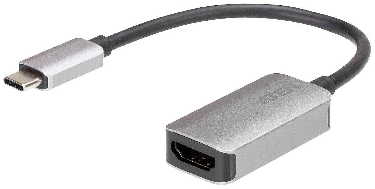 Un adattatore da HDMI a USB-C di colore argento, con porta HDMI e spina USB-C, utilizzato per connessioni video.