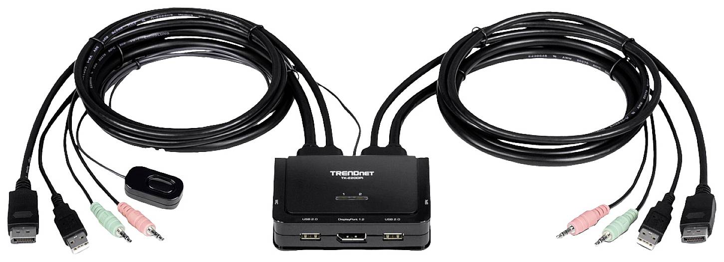 Un commutatore KVM con due porte HDMI, porte USB e cavi audio per collegare due computer a un monitor e periferiche.