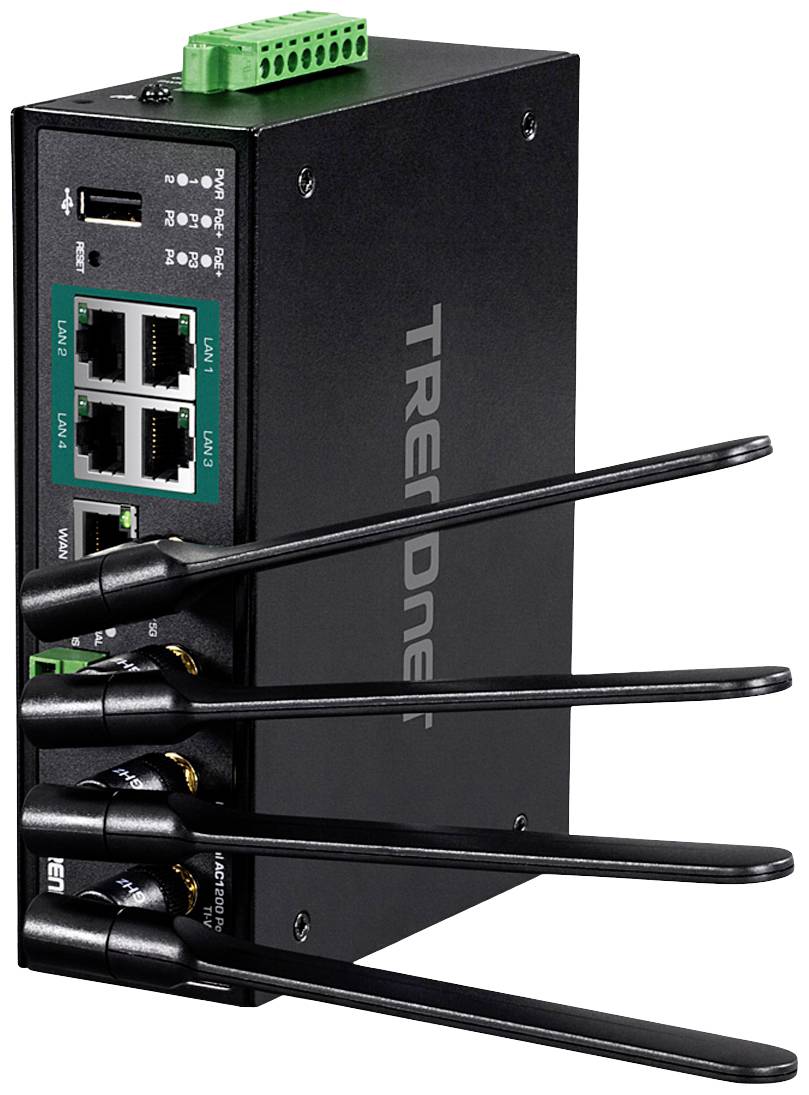 Un dispositivo di rete nero con quattro antenne e diversi porte Ethernet. In alto è presente un blocco di connessione verde.