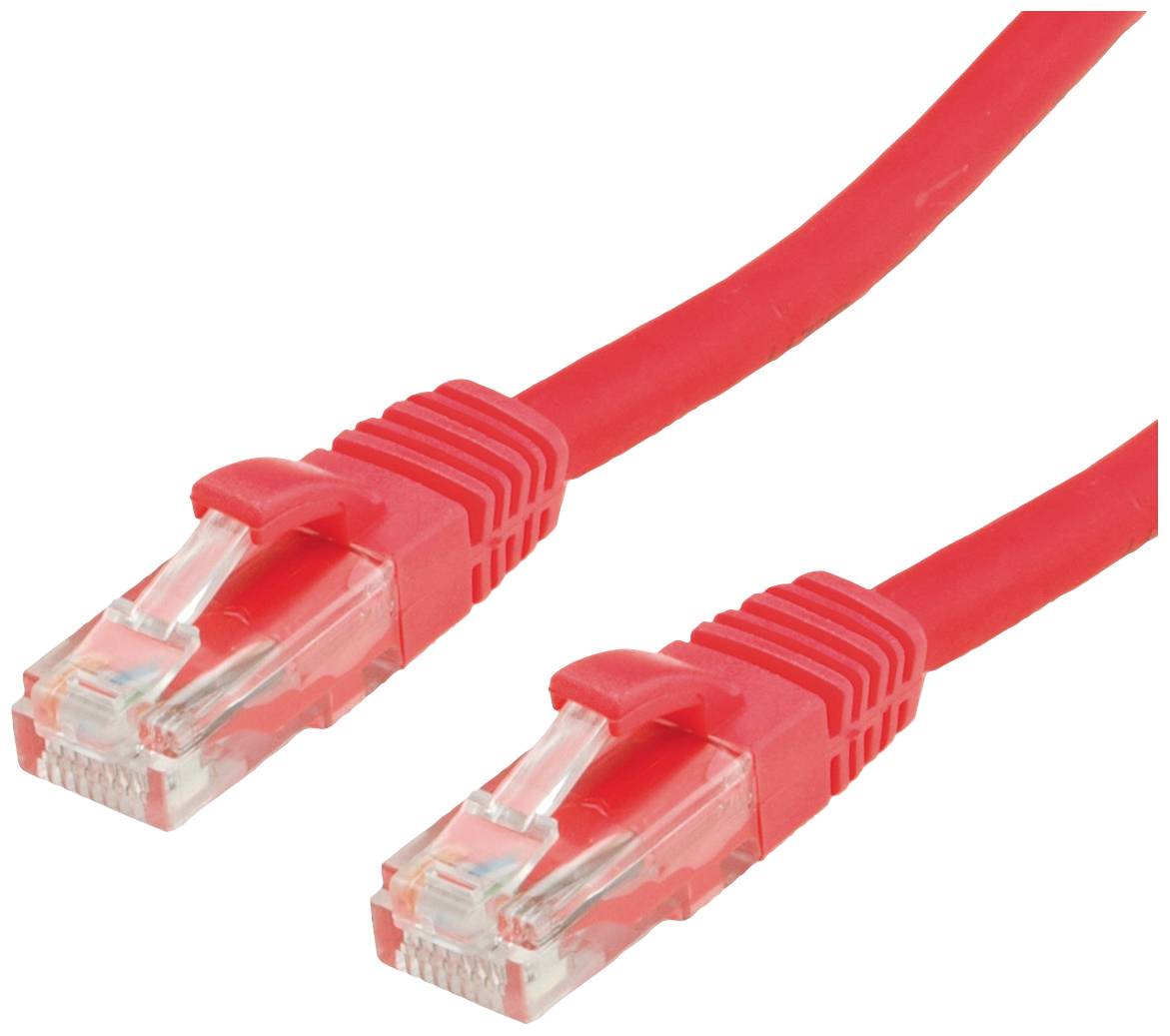 Due cavi Ethernet rossi con connettori trasparenti. Sono progettati per la connettività di rete e la trasmissione dati.