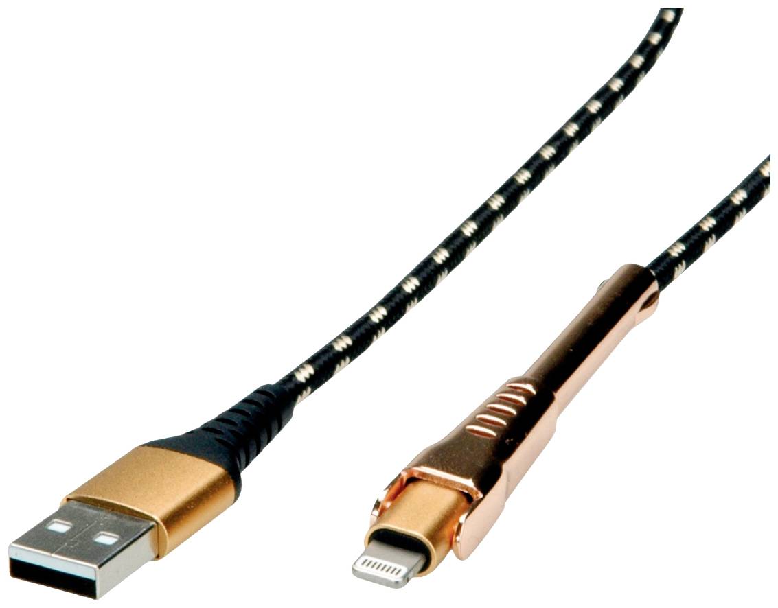 Un cavo USB con una spina USB-A su un'estremità e una spina Lightning sull'altra, su sfondo bianco.
