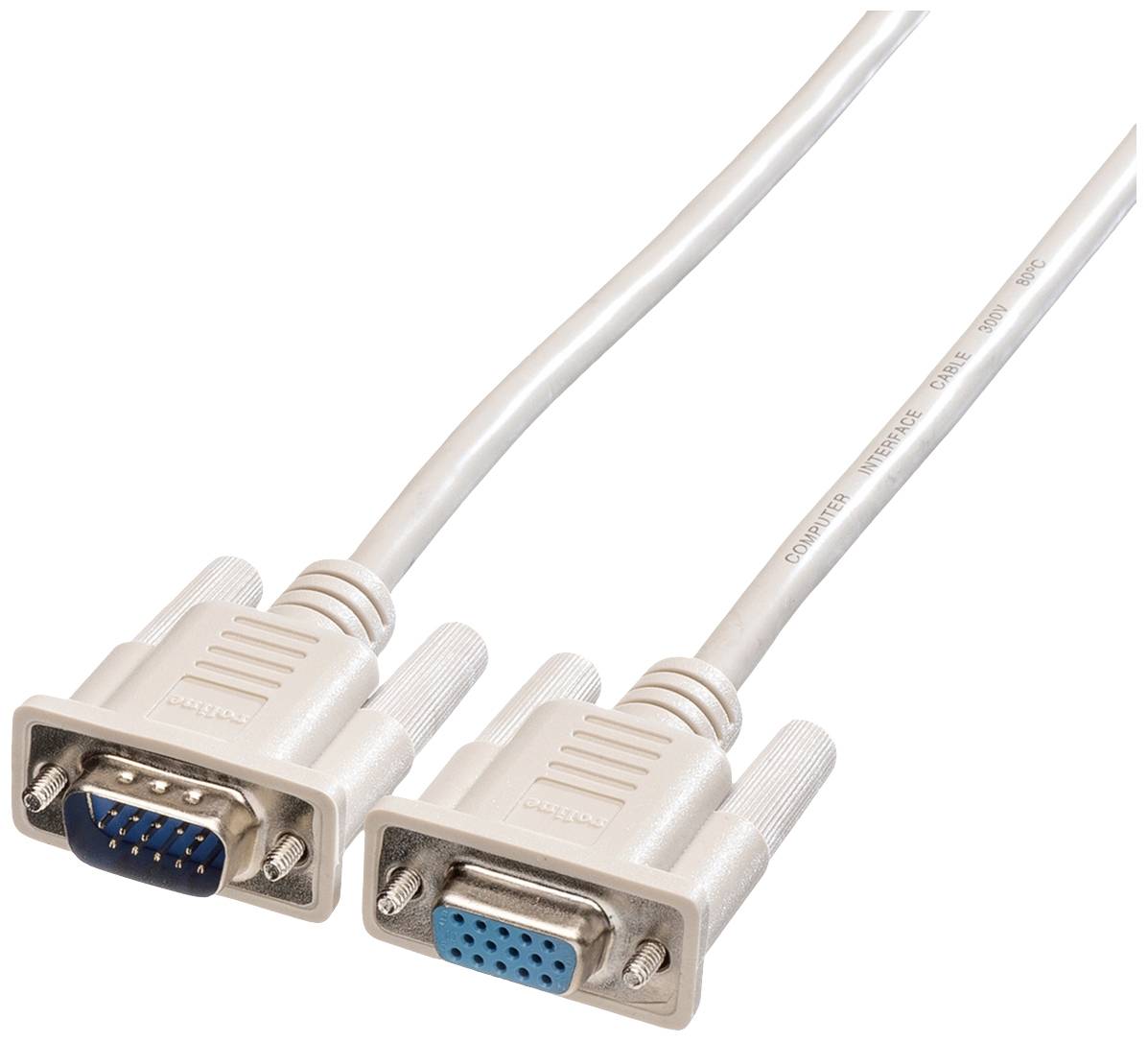 Un cavo VGA con due connettori, uno maschio (a sinistra) e uno femmina (a destra), utilizzato per connessioni video tra dispositivi.