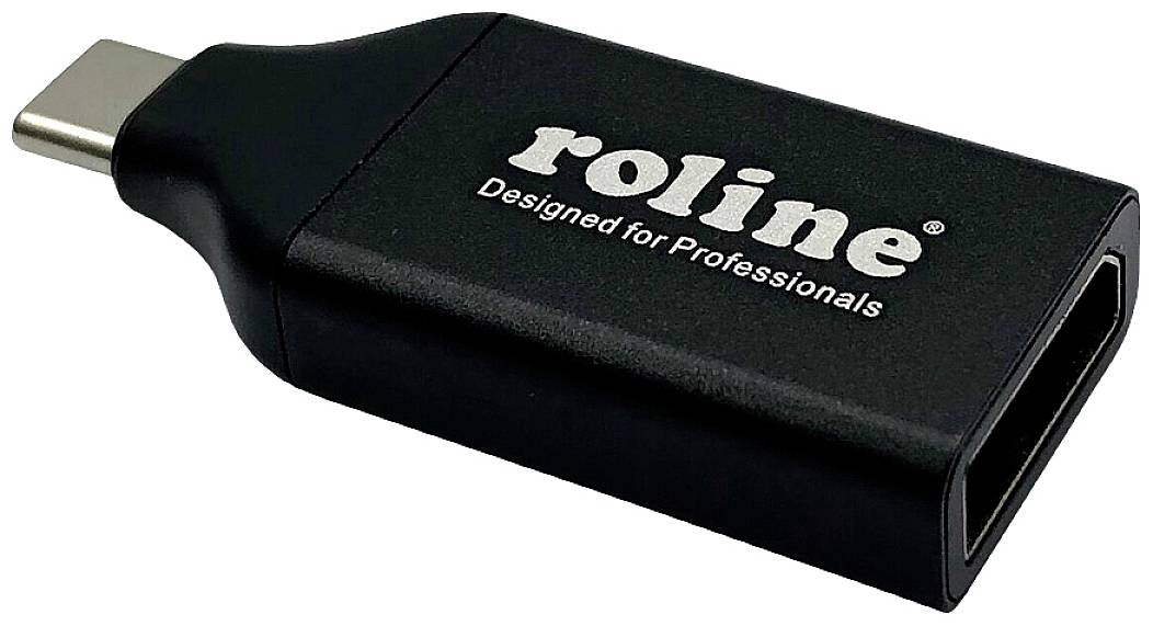 Adattatore da USB-C a DisplayPort di Roline; design nero con la scritta 'Designed for Professionals'.